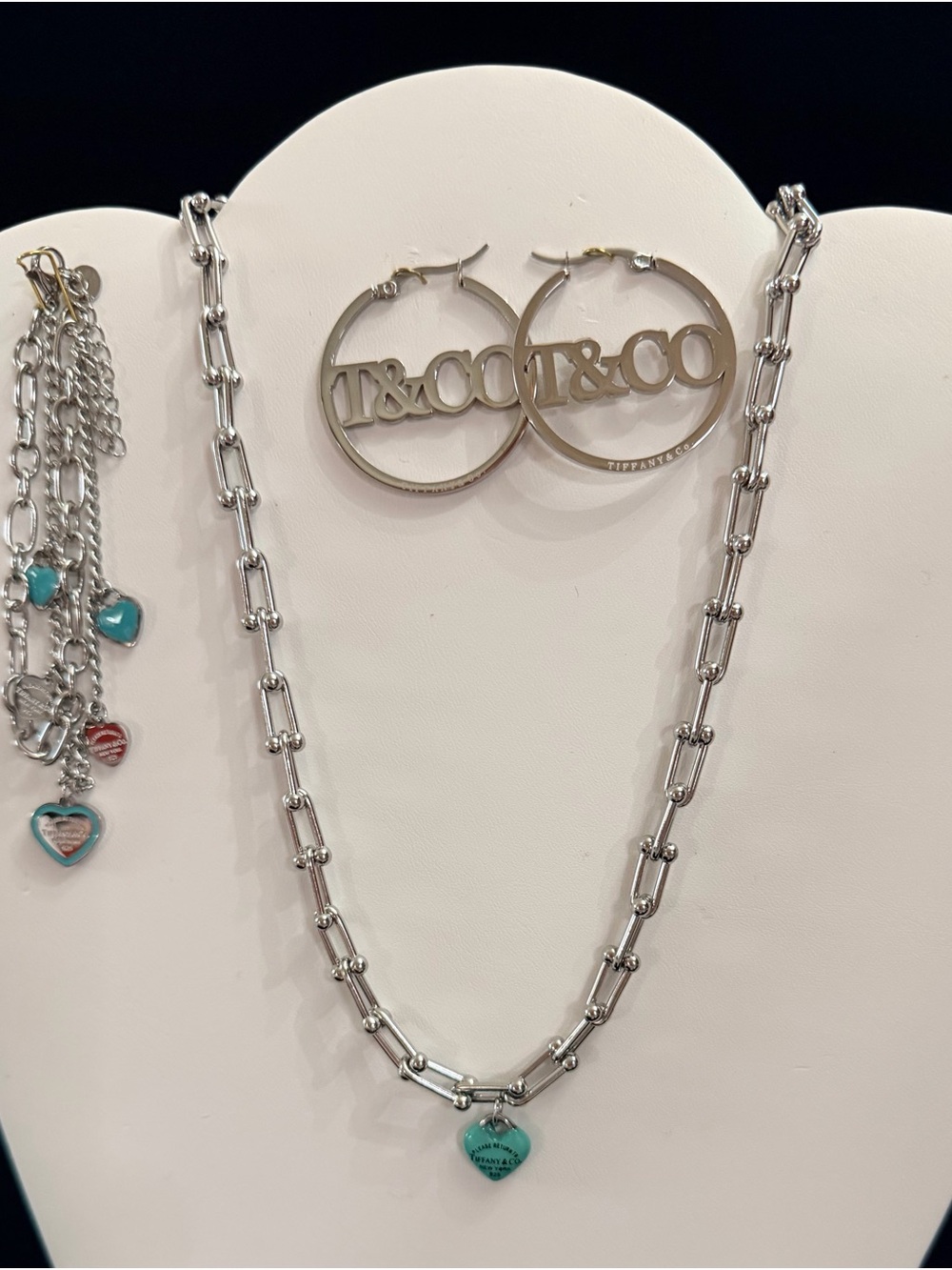 Silver Link Necklace/earrings/bracelet with Turquoise Heart Charm